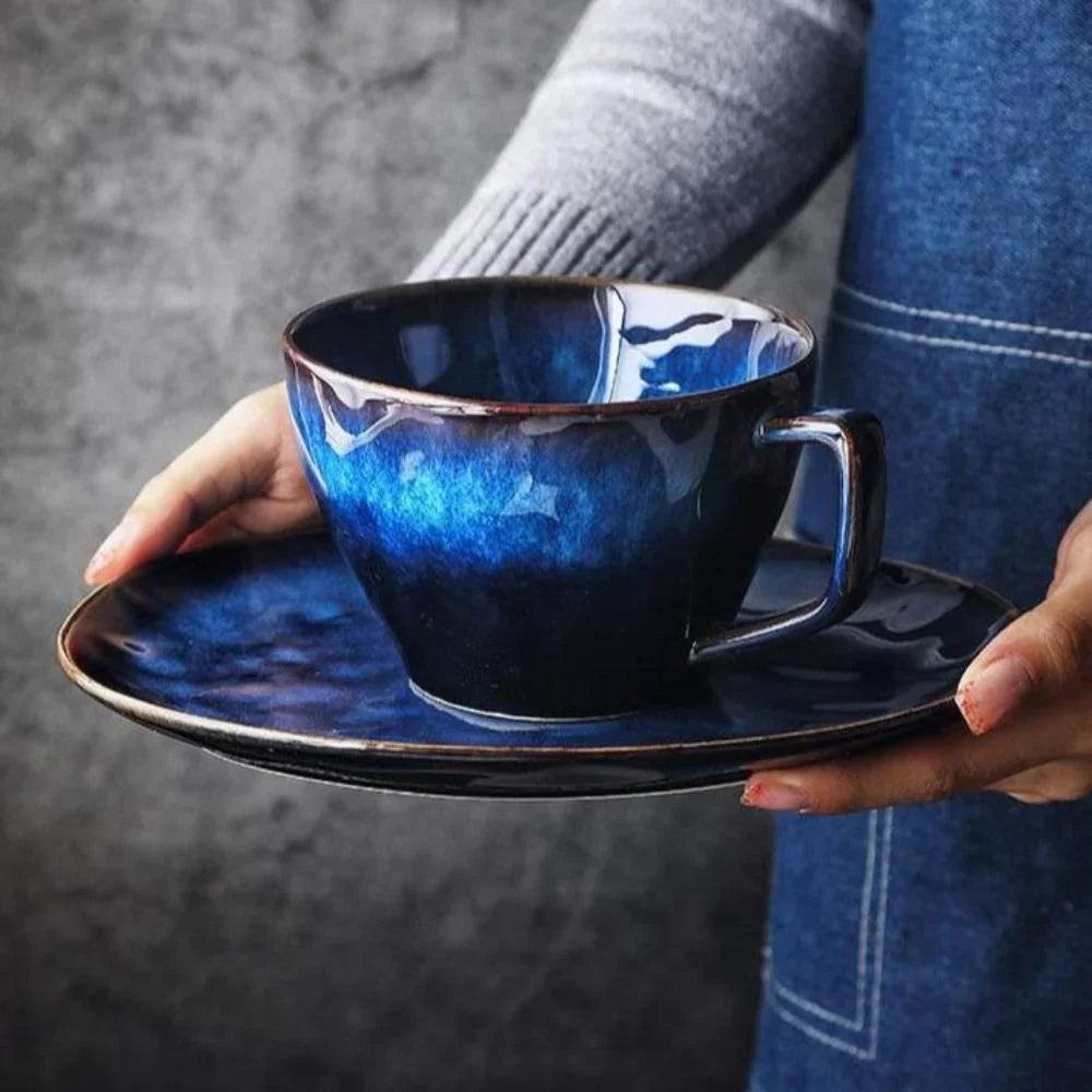 Midnight Blue Handmade Mug & Saucer Set – Large Ceramic Cup