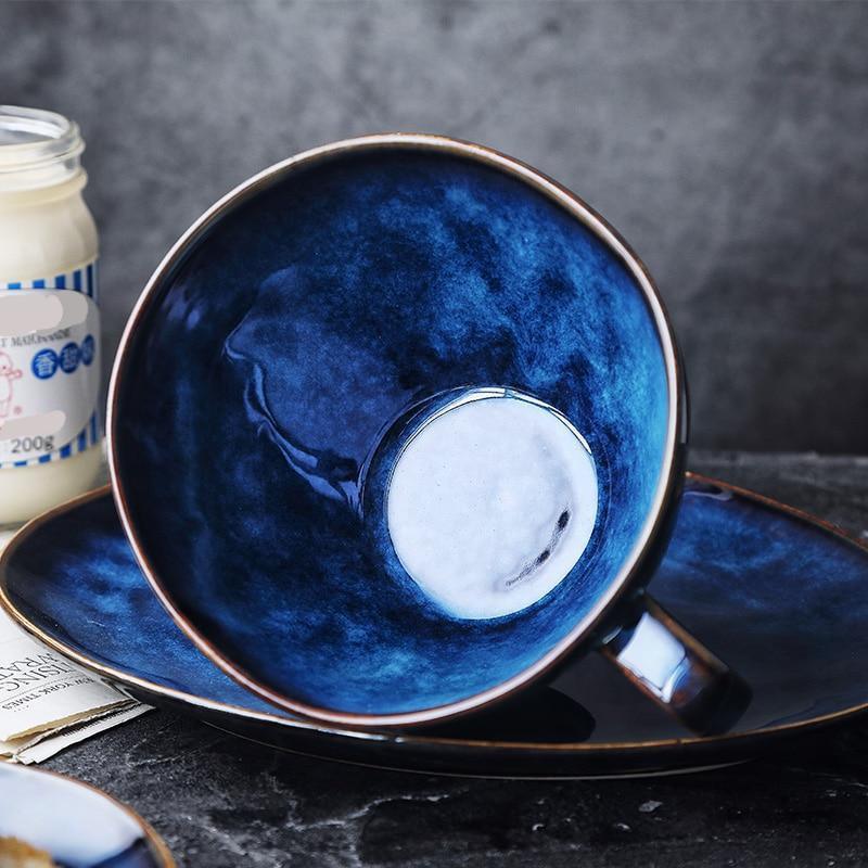 Midnight Blue Handmade Mug & Saucer Set – Large Ceramic Cup