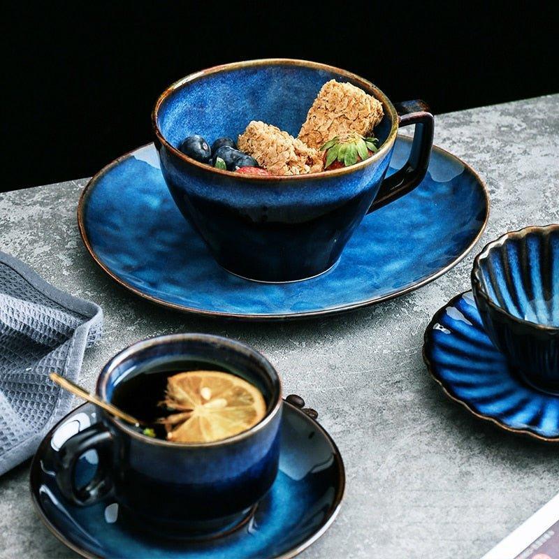 Midnight Blue Handmade Mug & Saucer Set – Large Ceramic Cup